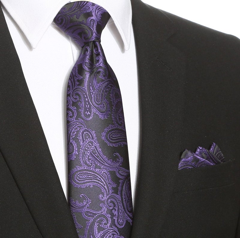 KissTies Royal Purple Extra Long Tie 63'' XL Paisley Necktie And Pocket Square + Gift Box - Image 5